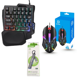Single Handed, RGB Backlit Gaming Keyboard Jedel – K601+ Gaming Mouse BAJEAL - D3 + 4 In 1 USB Hub KSC-1417